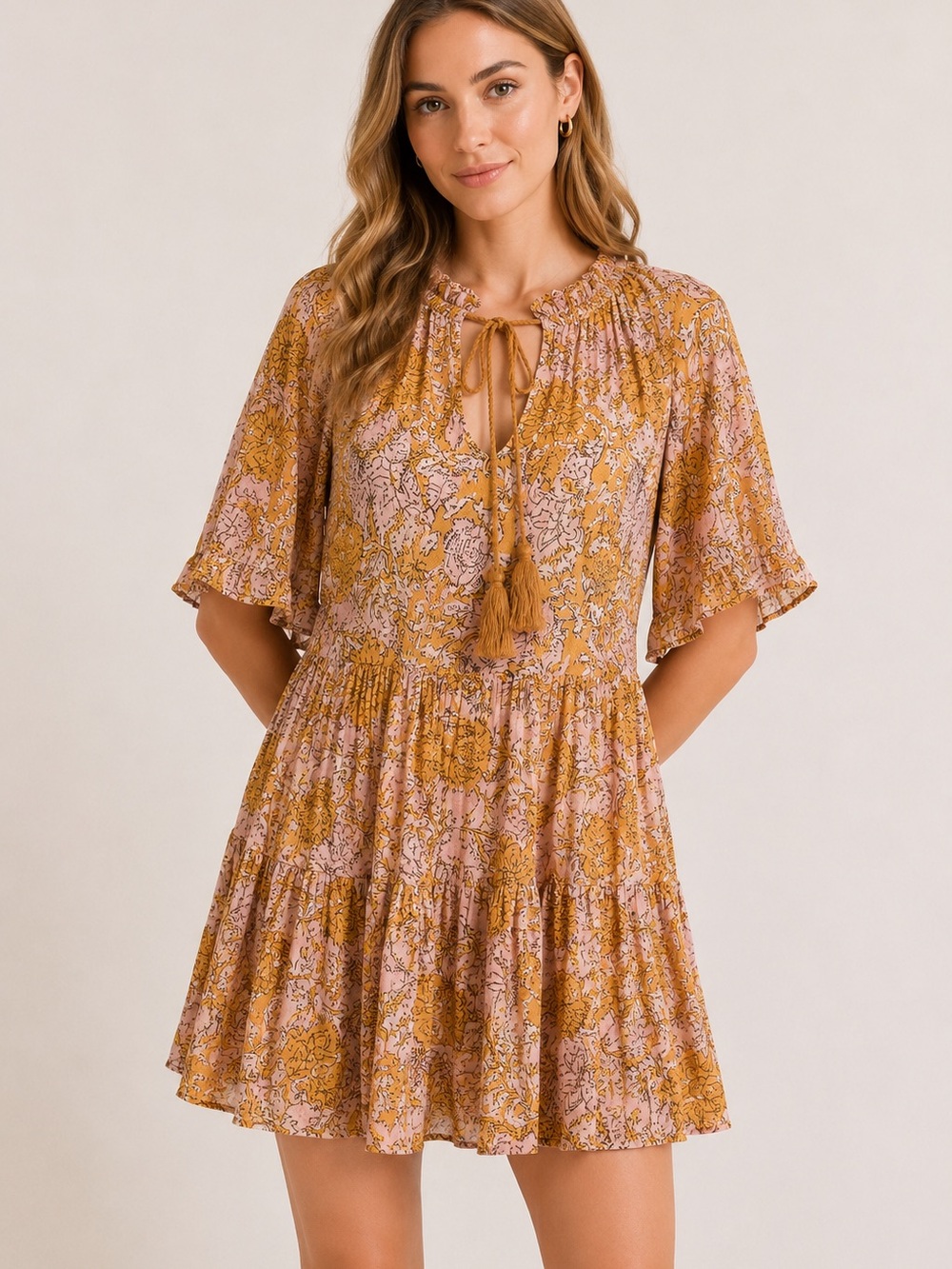 Sundance Floral Boho Tiered Mini Dress – Pink & Mustard – Size PM